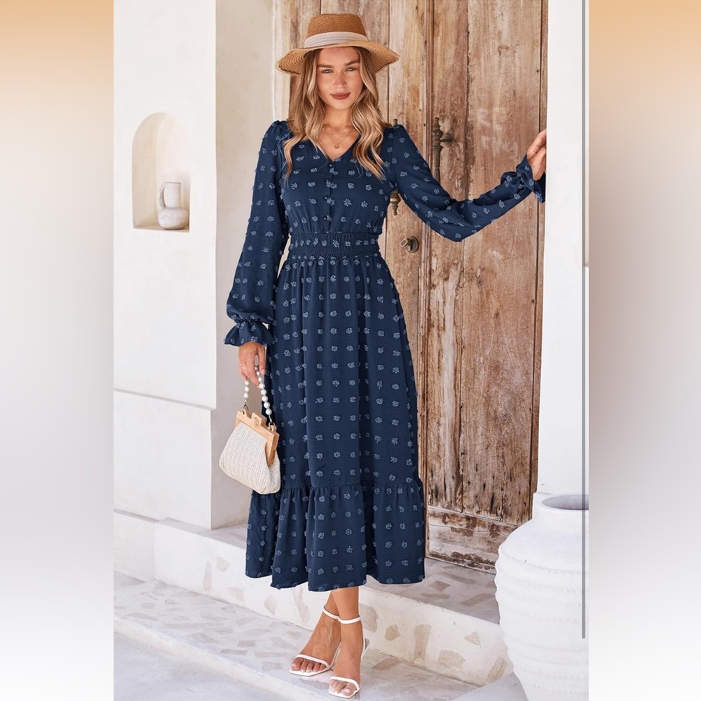 NWT MASCOMODA Navy Swiss Dot Maxi Dress Smocked Waist V-Neck Tiered Size Large